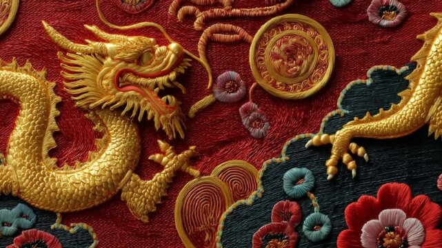 A gleaming gold dragon coils along a deep red, ornate textile, surrounded by blossoms and coins