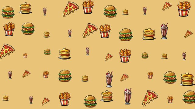 Pixelated fast food images pizza, burgers, fries. Ideal for website banners, social media posts, and digital marketing materials. Great for foodrelated designs.