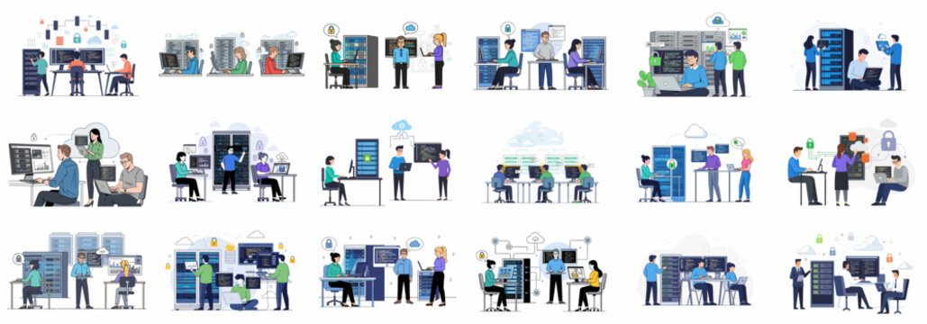 A comprehensive collection of vector illustrations showing IT professionals, developers, and engineers working on data centers, cloud computing, server management, and cybersecurity tasks.