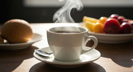 Steaming coffee, breakfast fruit, and bread on a table, bathed in sunlight