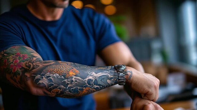 Detailed tattoo close-up with artist gesture, arm sleeve featuring waves, fish, cherry blooms, saturated inks, fine craftsmanship, with copy space