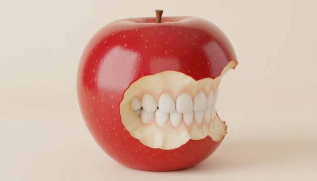 Red apple with human teeth inside bite mark
