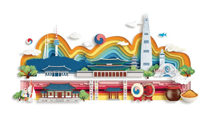 Korea travel illustration featuring famous layered landmark silhouettes rendered in a dynamic flat 2D paper cut style, isolated on a bright white background.