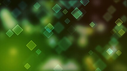 Abstract background features shimmering green and yellow diamond shaped bokeh lights drifting across a dark subtle gradient backdrop creating a vibrant motion graphic element - Powered by Adobe