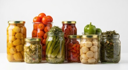 Jars of preserved vegetables with golden lids against a white backdrop