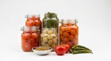Glass jars filled with pickled vegetables and herbs