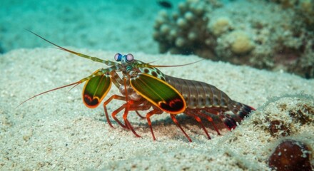 A vibrantly colored mantis shrimp resting on a sandy seabed