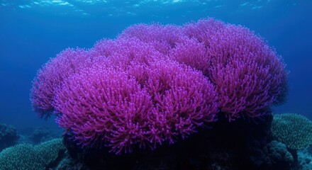 Vibrant pink coral formation flourishing underwater, contrasting blue