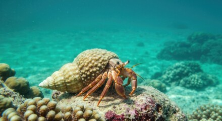 Underwater shot of a hermit crab in its shell, near coral
