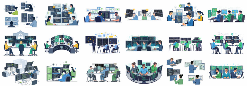 Cybersecurity Operations Center: Illustrations of IT professionals working with code, data analysis, and network security across multiple monitors.