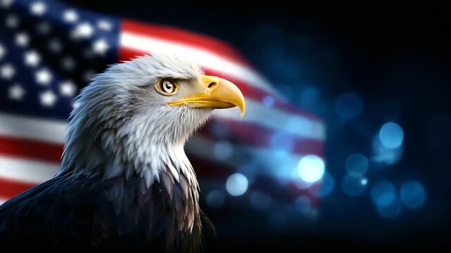 Cinematic close-up of proud eagle, sharp beak catching light, national flag behind rendered in smooth bokeh, symbolic depth, defocused background, with copy space
