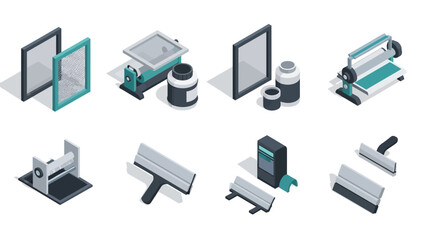 Isometric screen printing equipment icons for design projects