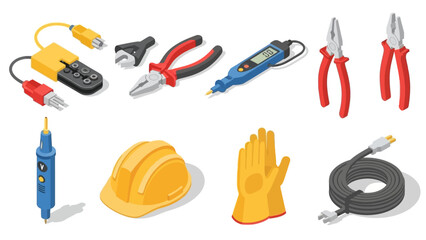 Essential electrician tools collection in isometric style for construction and safety