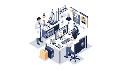 Isometric laboratory workspace with computers and scientific equipment