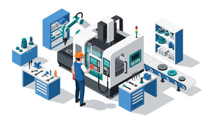 Obraz premium Isometric industrial automation with cnc machine and engineer in workshop setting