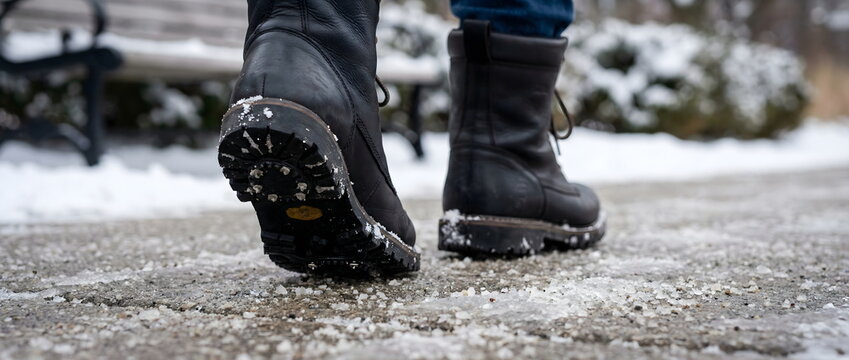 Low angle closeup of winter boots walking on slippery icy sidewalk. Leather footwear with non-slip sole tread on snowy pavement.