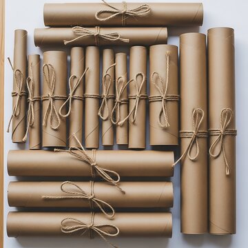 Artistic assemblage of tied kraft paper tubes on white background
