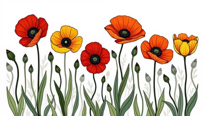 Red and yellow poppies bloom with bold outlines and vivid colors. Buds and green stems fill the foreground, creating a decorative floral pattern. This stylized artwork suggests summer and nature.