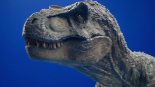 Closeup of a textured tyrannosaurus head sculpture with jagged teeth, scales, and deep blue backdrop
