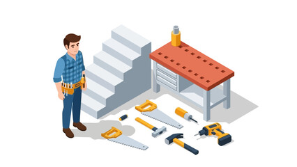 Isometric workshop scene with carpenter, tools, and workbench in garage