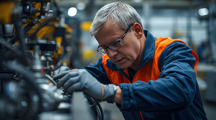 Experienced factory technician inspecting industrial machinery on production line, highlighting manufacturing precision, engineering expertise, quality control and workplace safety
