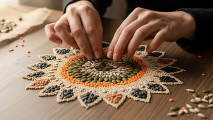 Creating abstract sunflower art with seeds, lentils and woman hand