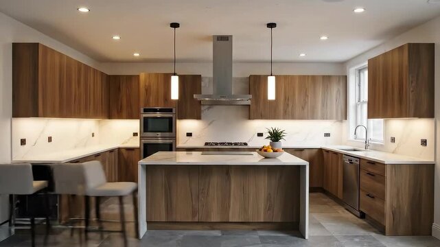 Time lapse shows a room renovation from peeling walls and a cracked ceiling to a living room with sofa, shelving, and ceiling lighting. Concept of renovation and real estate.