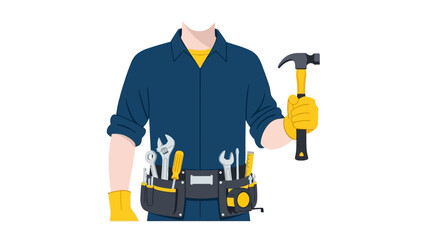 Handyman with tool belt and hammer in modern flat design illustration
