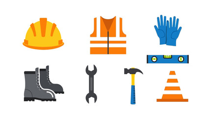 Essential construction tools and safety gear icons for builders and engineers
