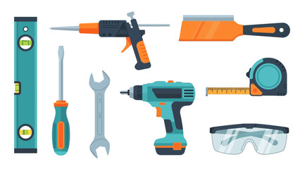 Essential tools for diy projects: drill, screwdriver, tape measure, and more illustrated in flat design