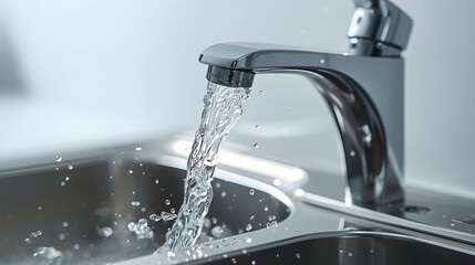 Clean running water flowing from modern kitchen faucet into sink, symbolizing hygiene, freshness, household utility, sustainability and daily domestic use
