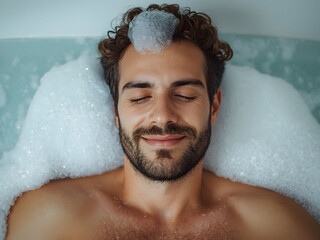 Relaxed young man enjoying bubble bath with closed eyes and smile, expressing self care, wellness, hygiene routine, relaxation and stress relief at home

