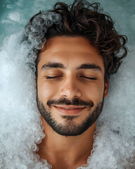Relaxed young man enjoying bubble bath with closed eyes and smile, expressing self care, wellness, hygiene routine, relaxation and stress relief at home

