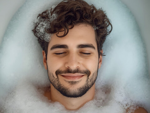 Relaxed young man enjoying bubble bath with closed eyes and smile, expressing self care, wellness, hygiene routine, relaxation and stress relief at home
 - Powered by Adobe