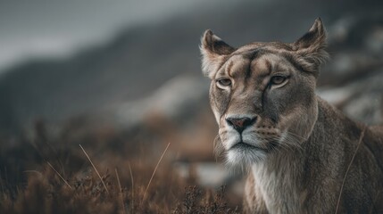 Lioness portrait amidst moody backdrop captures wilderness intensity
