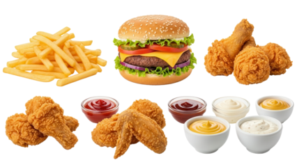 Fast food assortment including beef burger fries chicken and various dipping sauces isolated on white background