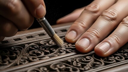 Hands carefully cleaning intricate wooden carvings with a small brush