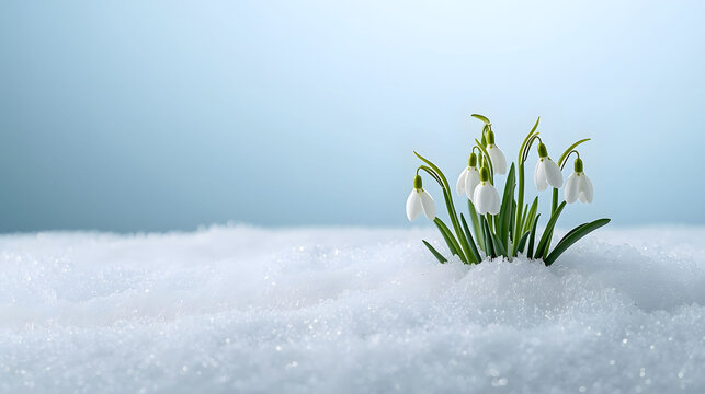 Early spring green plant emerging through melting snow symbolizing renewal, resilience, climate change, seasonal transition and natural growth against blue sky
