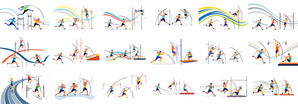 Dynamic Flat Design Collection of Pole Vault Athletes Running, Jumping, and Competing in Track and Field Athletics Event Illustrations.