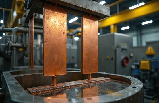 Copper plates submerged in industrial vat for electroplating process. Metal refinement in manufacturing plant. Heavy machinery works in factory.