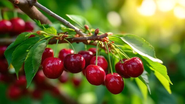 Glossy red cherries on sunlit branch, vibrant summer orchard, fresh fruit photography, natural setting, seasonal harvest, with copy space