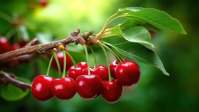 Glossy red cherries on sunlit branch, vibrant summer orchard, fresh fruit photography, natural setting, seasonal harvest, with copy space