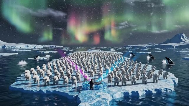 A penguin DJ plays music on a console while polar bears dance on snow under an aurora. Concept of entertainment and holiday celebration.