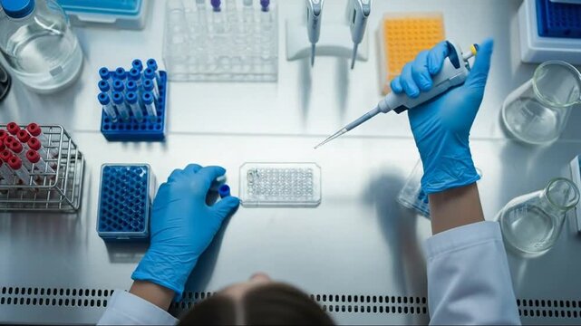 Scientist in blue gloves uses pipette and microplate for laboratory research, close-up