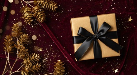 Elegant Black and Gold New Year Gift Box on Festive Background for Holiday Celebration and Luxury Concept