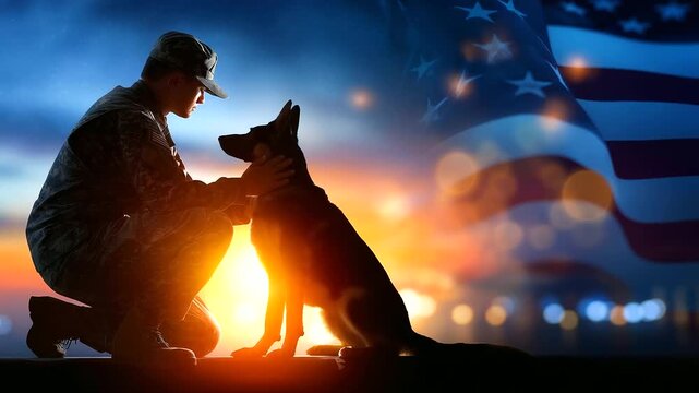 Dramatic silhouette of soldier and service dog before large national flag at golden hour, lens flare, unity loyalty patriotism, military life, defocused sunset, with copy space