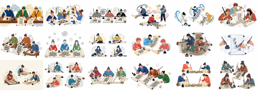 Collection of illustrations showing ancient and traditional scribes and scholars practicing calligraphy and penmanship with brushes, ink, and scrolls.