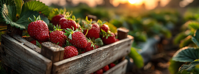 Fresh strawberries in wooden crate at sunset in farm field, showcasing ripe red berries ready for harvest against blurred green foliage background.