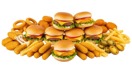 Fast food party pack with mini burgers sliders and assorted deep fried snacks isolated on white background