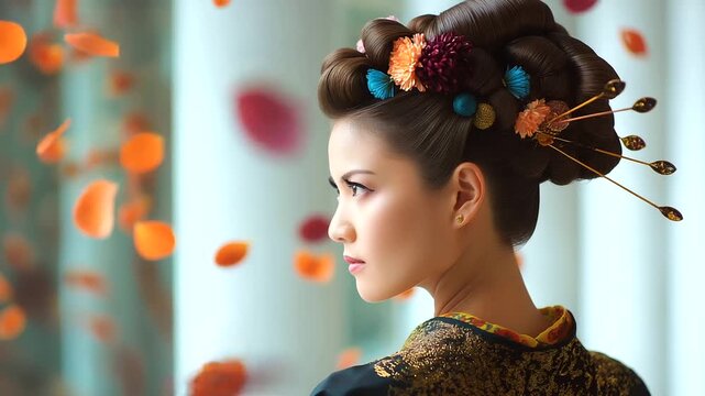 Elaborately styled hair with decorative pins, floating petals fore and background, serene expression, cinematic soft-focus, cultural elegance, with copy space